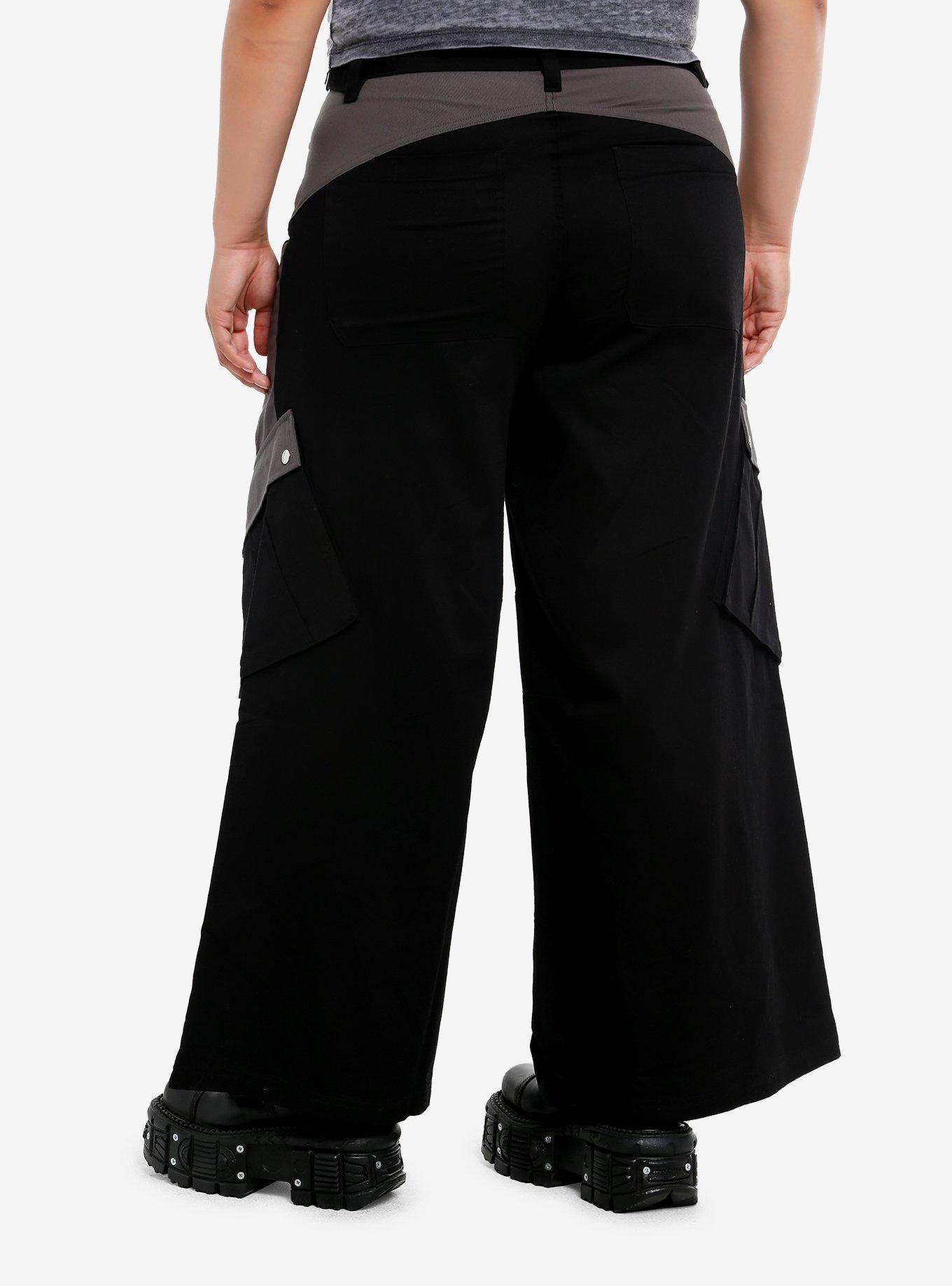 Social Collision Black & Grey Color-Block Low-Rise Cargo Pants Plus Size, , hi-res