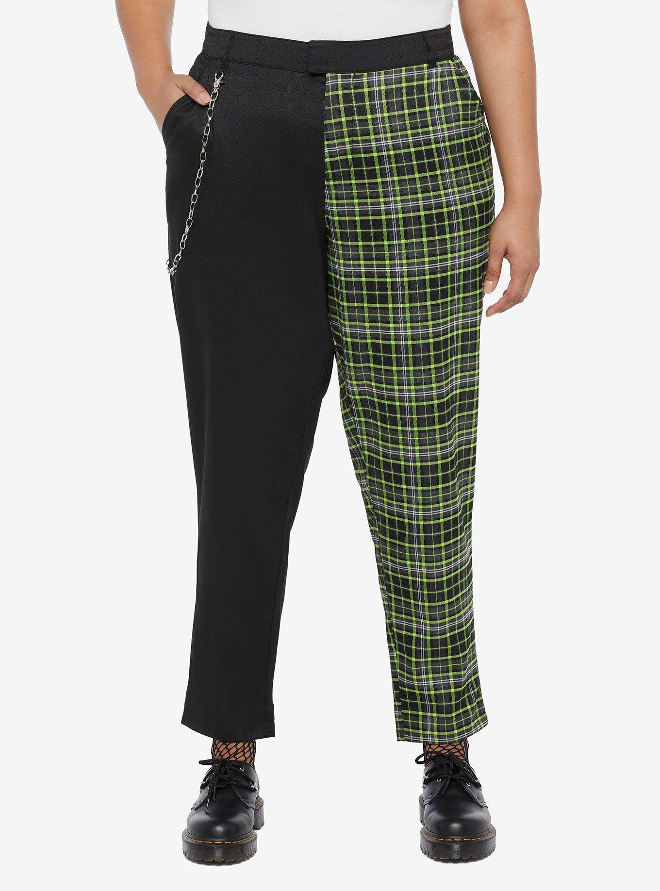 Black & Green Plaid Split Chain Pants Plus Size, , hi-res