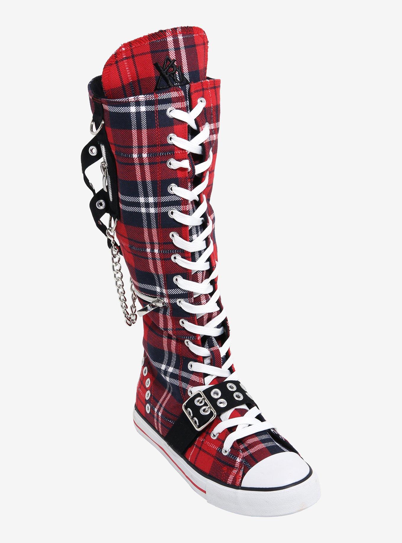 YRU Red Plaid Rawr Knee-High Lace-Up Sneakers, , hi-res